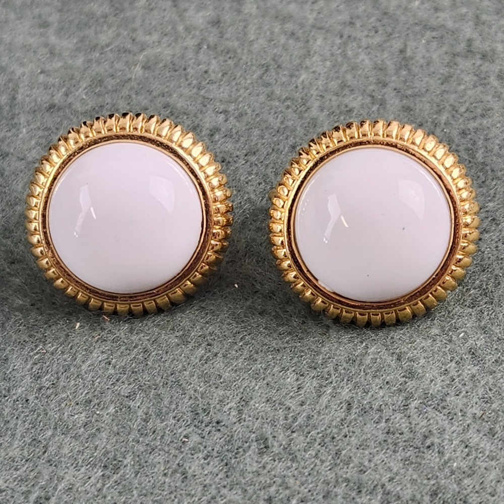 Vintage Avon Clip On Earrings White Cabochon Gold Tone Frame